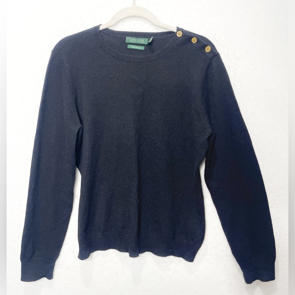 Lauren Ralph Lauren Black 100% Cashmere Crewneck Pullover Sweater Gold Buttons